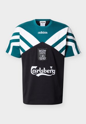 Petrolinsininen ja valkoinen Adidas lyhythihainen pelipaita, jossa musta alaosa, Liverpool FC:n vaakuna ja valkoinen Carlsberg-logo edessä.