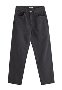 Svarta jeans i denim med hög midja, femfickorsdesign och raka ben. Har subtila blekningar och en metallknäppning.