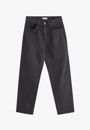 Mustad denim püksid kõrge vöökoht, viie tasku disain ja sirge jalg. Omab peent kulumist ja metallist nööbilukku.