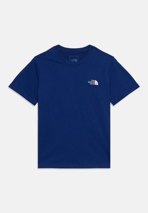 T-shirt bleu marine à manches courtes avec col rond et petit logo blanc "The North Face" sur la poitrine gauche.