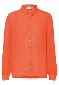 Langärmlige bluse in leuchtendem Koralle mit Knopfleiste, spitzem Kragen, gerafften Ärmeln und umgeschlagenen Handgelenken, Größe Medium.