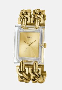 Guldtonet rektangulært ur med en klar kasse, der har en struktureret gulddial, kædelinksrem og trykknaplukning.