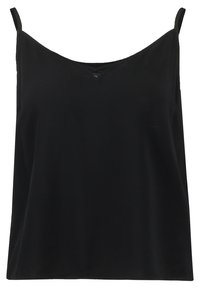 Svart linne med tunna spagettist passar, med en rundad halsringning och en avslappnad passform, tillverkat av slät, lättviktig tyg.