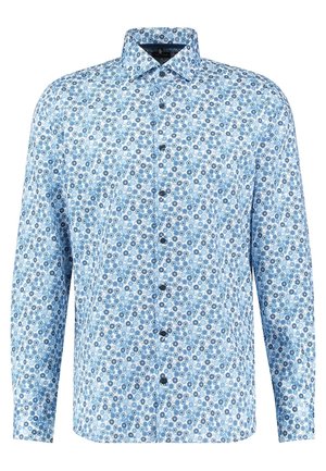 Langärmeliges Hemd mit Knopfleiste, blauem kreisförmigem Blumenmuster auf hellblauem Hintergrund und klassischem Kragen.