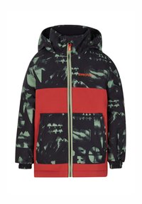 Veste d'hiver multicolore présentant un motif de montagne noir et vert, une section médiane rouge et des poignets élastiques. Fermeture éclair avec capuche.