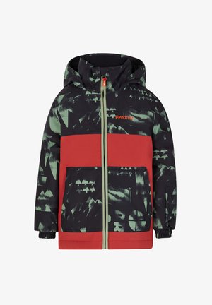 Multikleuren winterjack met een zwart en groene bergprint, een rode middenstuk en elastische manchetten. Ritssluiting met capuchon.