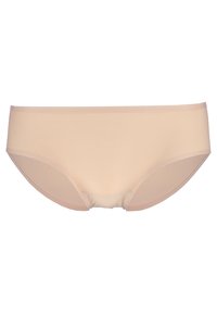 Beige naadloze hipsterondergoed met een gladde textuur, elastische tailleband en volledige dekking, ontworpen voor comfort en pasvorm.