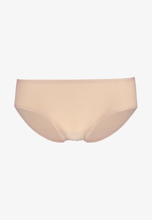 Beige naadloze hipsterondergoed met een gladde textuur, elastische tailleband en volledige dekking, ontworpen voor comfort en pasvorm.