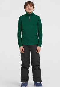 Groene fleece trui met hoge kraag en ritssluiting, gecombineerd met zwarte waterdichte broek en blauwe schoenen. Glad materiaal, casual pasvorm.