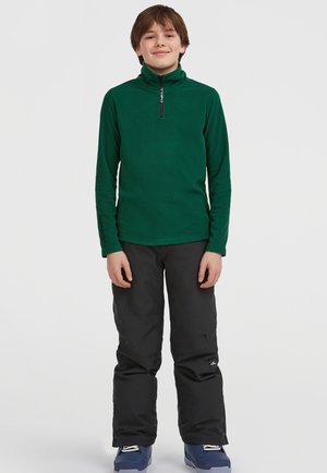 Grüner Fleece-Pullover mit hohem Kragen und Reißverschluss, kombiniert mit schwarzen wasserdichten Hosen und blauen Schuhen. Glatte Textur, lässige Passform.