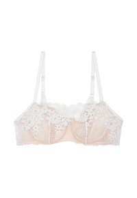 Bralette en dentelle blanche avec une doublure chair. Dispose d'un motif floral en dentelle, de maille transparente, de bretelles ajustables et de bonnets doublés.