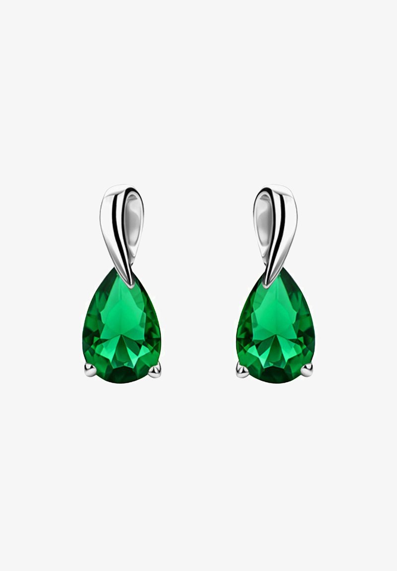 Green teardrop earrings with a faceted design, set in silver-tone metal. The stones are bright and polished, featuring a smooth texture.