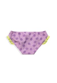 Parte inferiore di bikini viola con motivo a conchiglie, rifiniture gialle arricciate sui lati, realizzata in un tessuto leggero e elastico.