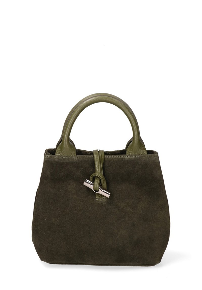 Borsa a tracolla verde in suede con un design strutturato, superficie testurizzata, doppi manici superiori e un'accento di pelle annodato con una chiusura metallica.