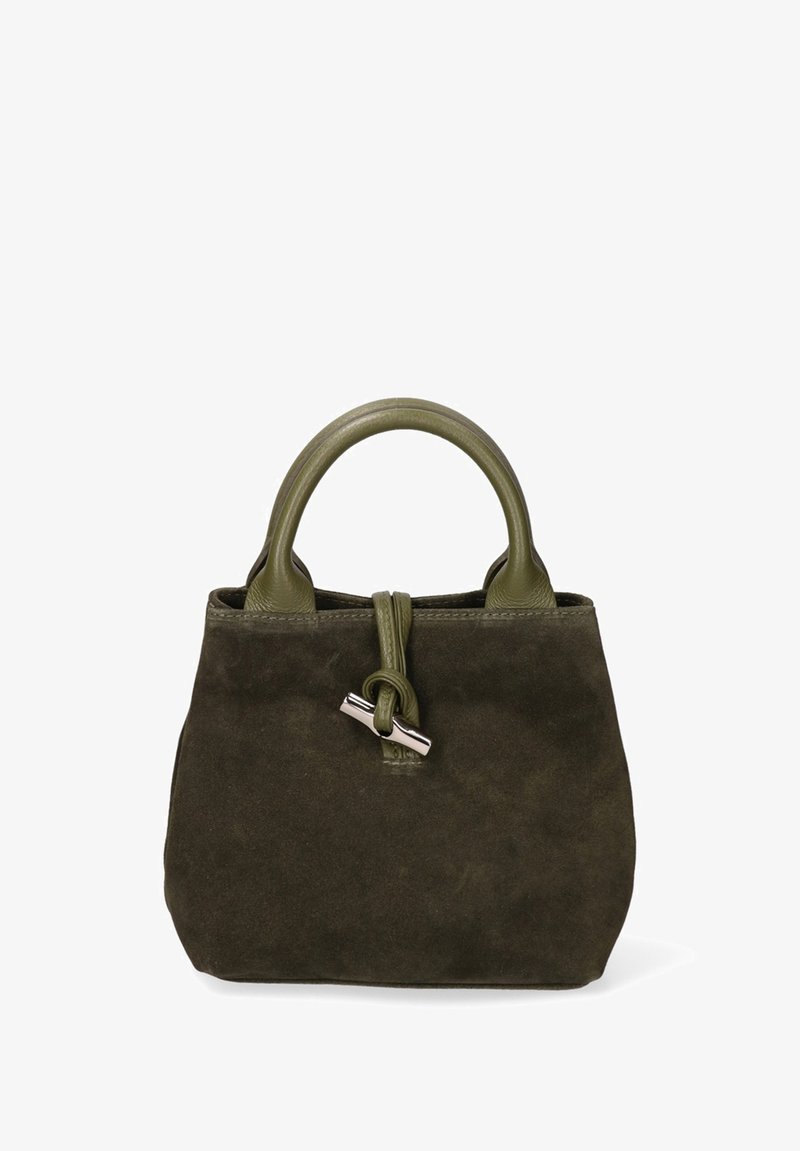 Borsa a tracolla verde in suede con un design strutturato, superficie testurizzata, doppi manici superiori e un'accento di pelle annodato con una chiusura metallica.