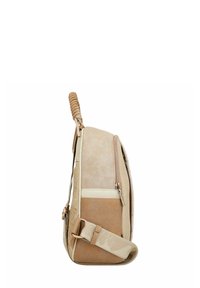 Sac en tissu beige avec une texture lisse, fermeture éclair et poignée tissée. Doté d'un motif floral et d'une bandoulière réglable.