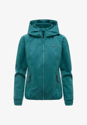 Turkoosinvihreä hupullinen takki, jossa on täysi etuvetoketju, vetoketjulliset sivutaskut, joustavat hihansuut ja pieni rintalogo.