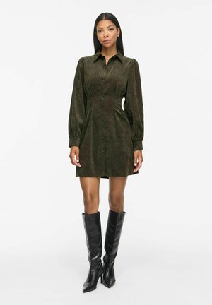 Femme portant une robe boutonnée à manches longues vert foncé et des bottes noires à talons montant jusqu'aux genoux, debout devant un fond blanc uni.