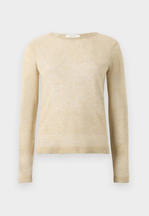 Beige long-sleeve sweater with crew neck, ribbed cuffs, and hem, made from soft knit fabric, displayed on white background.
