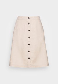 Jupe beige taille haute en forme A avec une rangée avant de sept boutons foncés, fabriquée en tissu léger, présentée sur un fond blanc.