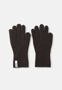 Donkerbruine wollen handschoenen met een geribbelde textuur en een ontwerp voor vijf vingers. Beschikt over een klein wit label op het polsgebied.