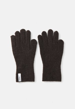 Tummanruskeat villahanskat, joissa on uurteinen pinta ja viisi sormea. Ranteen alueella on pieni valkoinen etiketti.