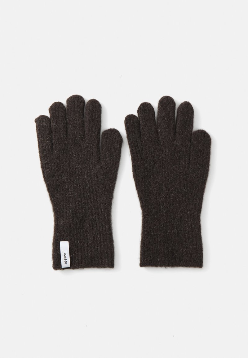 Donkerbruine wollen handschoenen met een geribbelde textuur en een ontwerp voor vijf vingers. Beschikt over een klein wit label op het polsgebied.