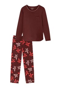 Conjunto de pijama de manga larga en burdeos con cuello redondo, bolsillo y pantalones estampados que presentan un diseño floral en rojo y rosa sobre un fondo burdeos.