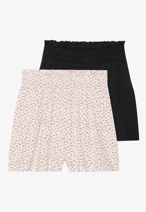 O pereche de pantaloni scurți lejeri, unul negru cu un tiv fronsat și unul alb cu un mic model floral în roșu și verde. Material moale, elastic.