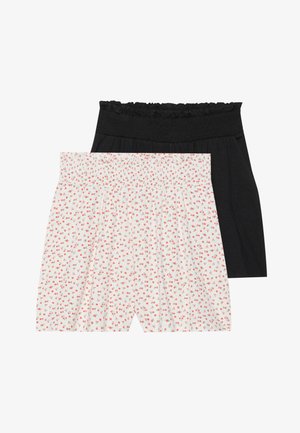 Un paio di pantaloni corti leggeri, uno nero con vita frill e uno bianco con un piccolo motivo floreale rosso e verde. Tessuto morbido ed elastico.