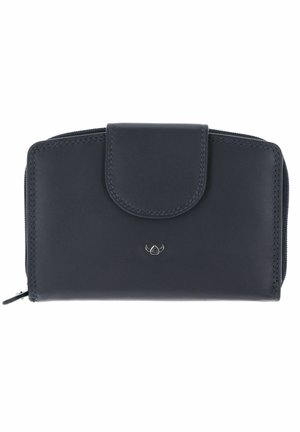 Portefeuille compact en cuir noir avec fermeture pression et fermeture éclair, avec petit logo métallique au centre devant.