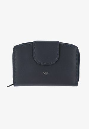 Portefeuille compact en cuir noir avec fermeture pression et fermeture éclair, avec petit logo métallique au centre devant.