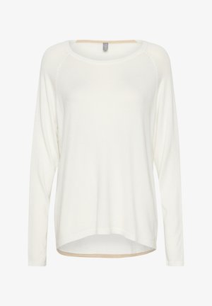 Fehér, hosszú ujjú felső, lekerekített nyakkivágással és laza szabással. Puha anyagtextúra, magasabban és alacsonyabban végződő fazonnal, látható minták vagy fém alkatrészek nélkül.