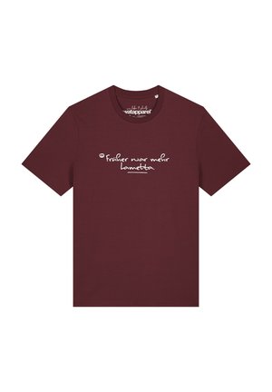 T-shirt bordeaux à manches courtes avec un texte manuscrit blanc "Früher war mehr Lametta" au centre devant.