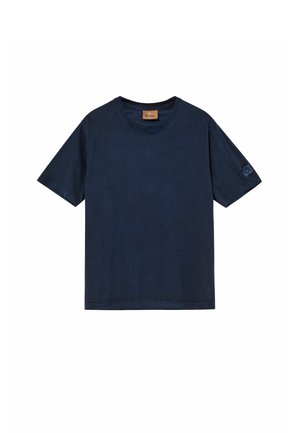 Ensfarvet mørkeblå kortærmet bomuldst-shirt med rund halsudskæring og en lille lædermærkat med mærke på indersiden af kraven.