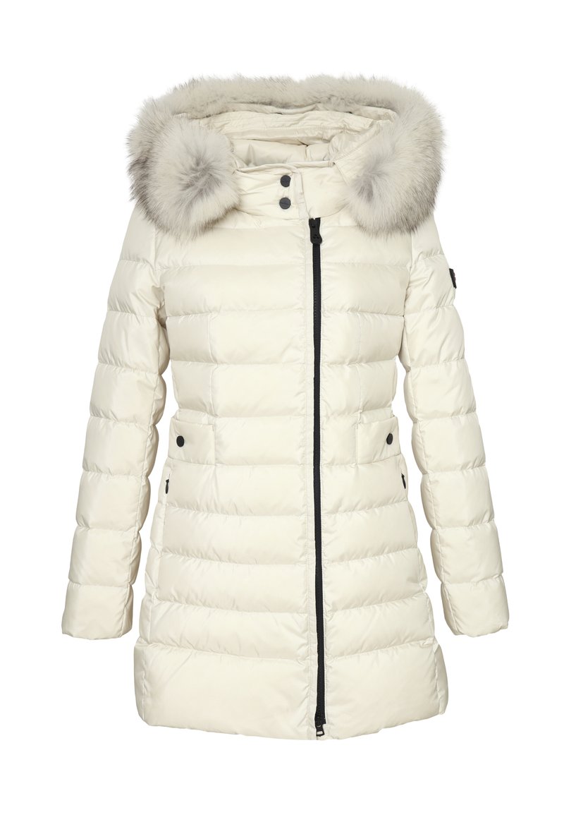 Giacca puffer da donna in crema con cappuccio in pelliccia sintetica. Caratterizzata da una chiusura frontale con zip verticale, texture trapuntata e due tasche laterali.