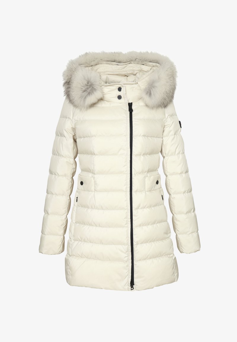 Giacca puffer da donna in crema con cappuccio in pelliccia sintetica. Caratterizzata da una chiusura frontale con zip verticale, texture trapuntata e due tasche laterali.