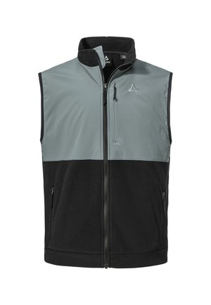 Weste mit zweifarbigem Design, grauer Oberteil und schwarzer Unterteil. Hergestellt aus weichem Fleece mit Reißverschlusstaschen und hohem Kragen.