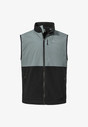 Weste mit zweifarbigem Design, grauer Oberteil und schwarzer Unterteil. Hergestellt aus weichem Fleece mit Reißverschlusstaschen und hohem Kragen.