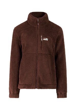 Bruine fleecejas met volledige rits, hoge kraag, borstzak met rits en elastische manchetten, met een kleine logopatch op de borstzak.