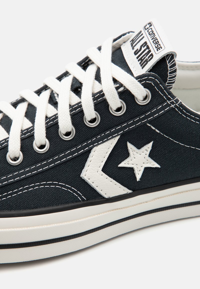 Zapatillas de lona navy con acentos blancos, que presentan un logo de estrella, ojetes reforzados y cordones blancos. Suela de goma gruesa con franjas negras.