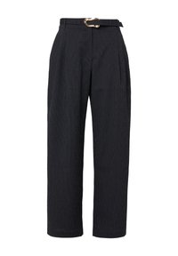 Zwarte hoge taille broek met streepjes, voorzien van een wijd pijpdesign, plooien en een goudkleurige riem met gesp op de taille.