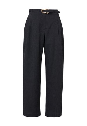 Black high-waisted trousers with pinstripes, featuring a wide leg, pleats, and a gold-tone buckle belt at the waist.