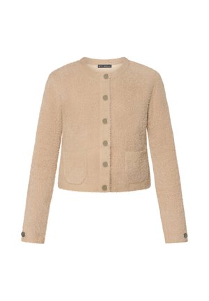 Beige, langarmig, pluizige cardigan met ronde halslijn, knoopsluiting aan de voorkant, twee voorzakken en drukknoopsluitingen aan de manchetten.