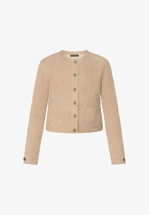 Beige, langarmig, pluizige cardigan met ronde halslijn, knoopsluiting aan de voorkant, twee voorzakken en drukknoopsluitingen aan de manchetten.
