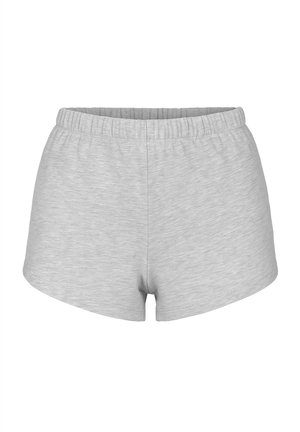 Szürke pamut rövidnadrág rugalmas derékrésszel, sima textúrával és rövid szabással, a kényelem és a mozgásszabadság érdekében tervezve.