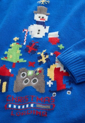 Blue knitted sweater featuring a festive design with a snowman, Christmas tree, game controller, and text reading "CHRISTMAS LOADING."