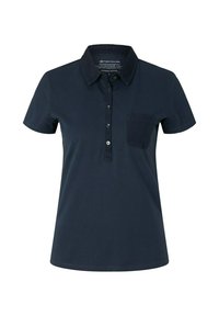 Navy blue polo shirt made from organic cotton. Features short sleeves, a collared neckline, five buttons, and a left chest pocket.