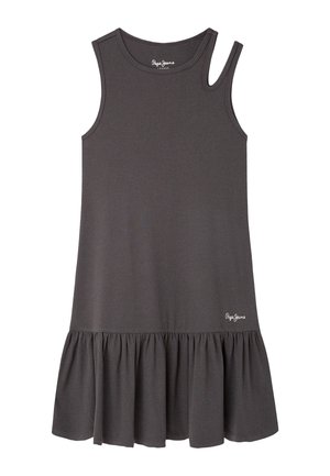 Grå ærmeløs kjole lavet af ribbet stof, med en flæset, udsvinget nederdel og en diskret logoaccent på nederste højre side.