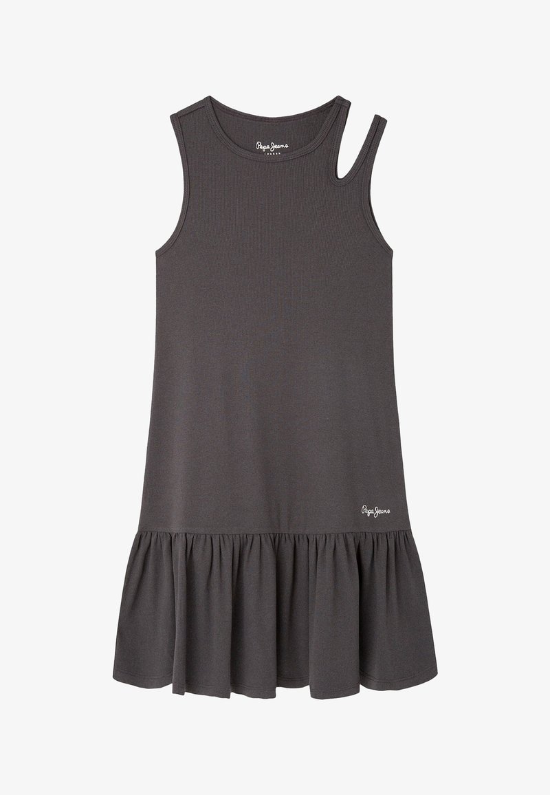 Robe grise sans manches en tissu côtelé, avec un ourlet évasé à volants et un subtil logo en bas à droite.